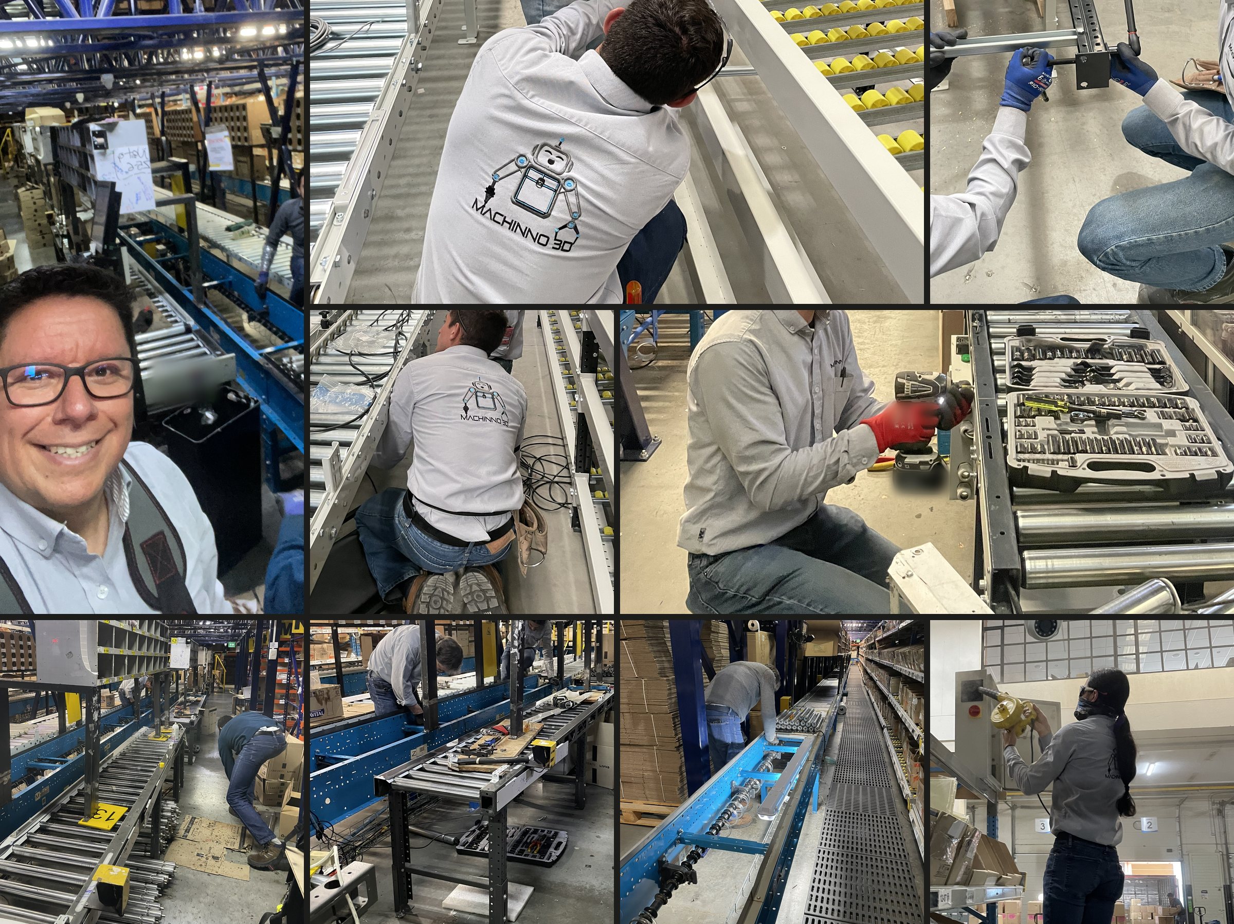 The Machinno3D team on site, installing, wiring and commissioning conveyor and picking equipment